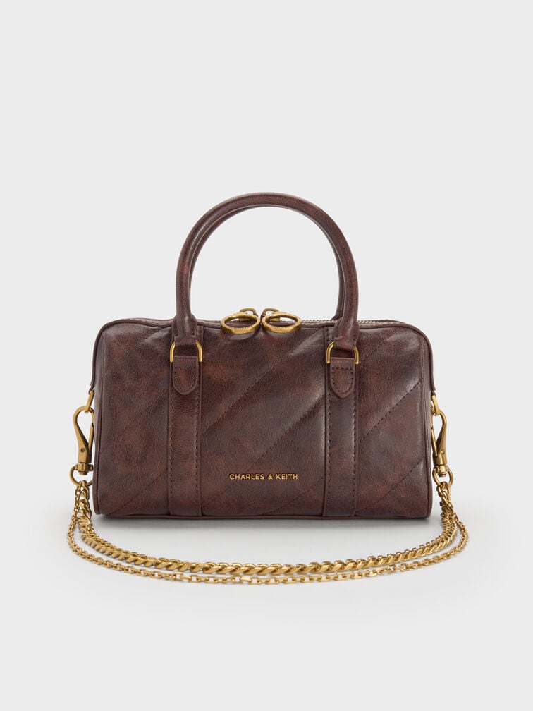 Philomena Panelled Chain-Handle Bowling Bag, Distressed Coffee, hi-res