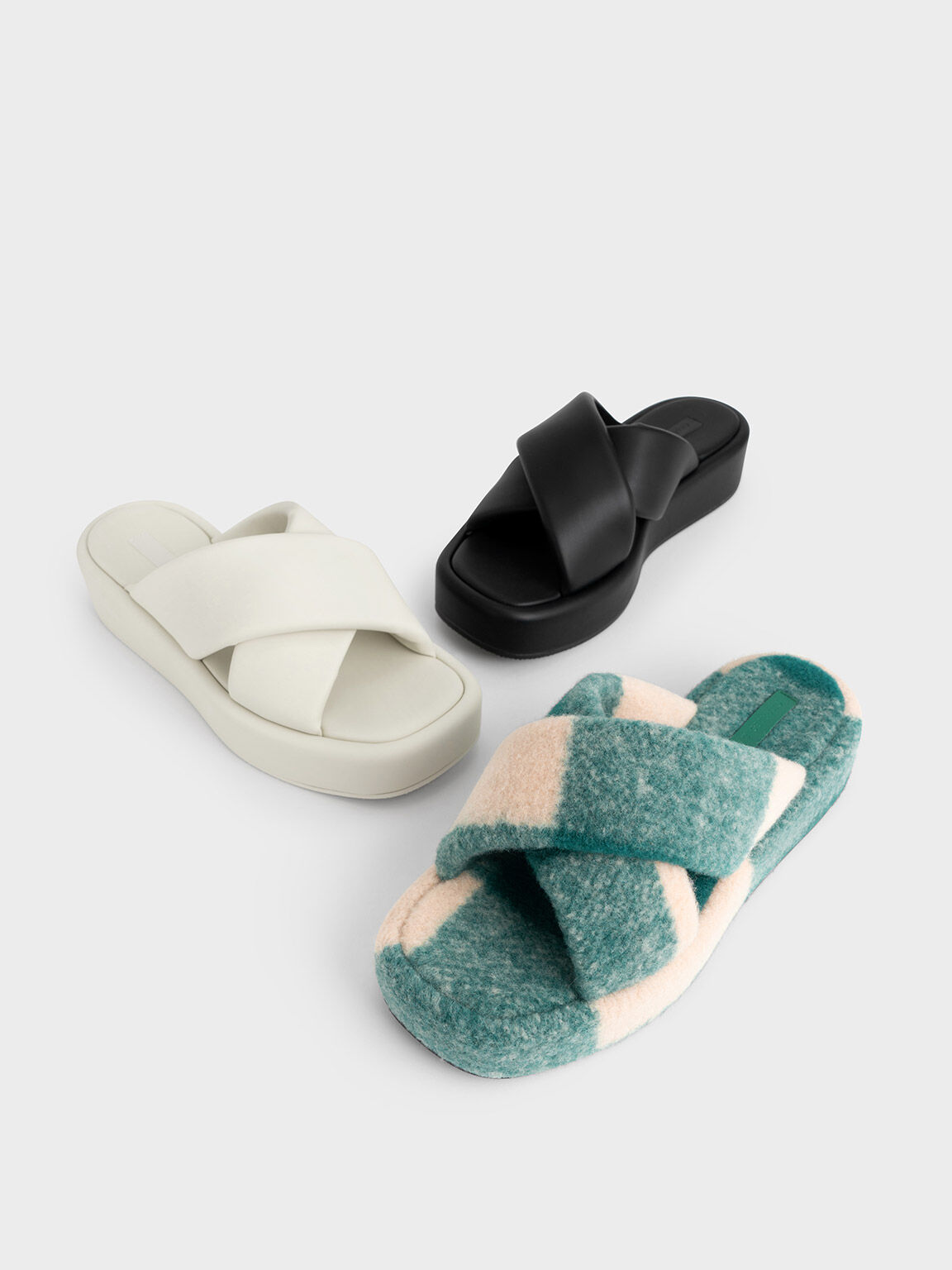 Checkered Crossover Platform Sandals, Green, hi-res