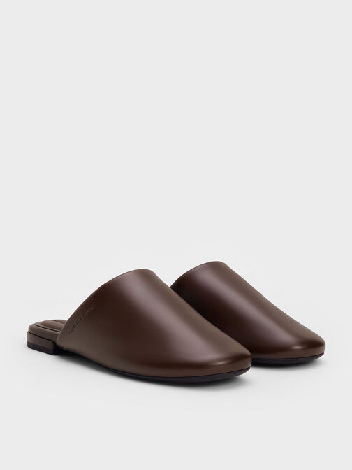 Padded Covered Flat Mules, Brown, hi-res