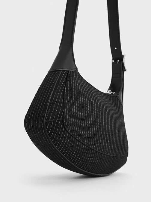 Striped Metallic-Accent Curved Shoulder Bag, Dark Grey, hi-res