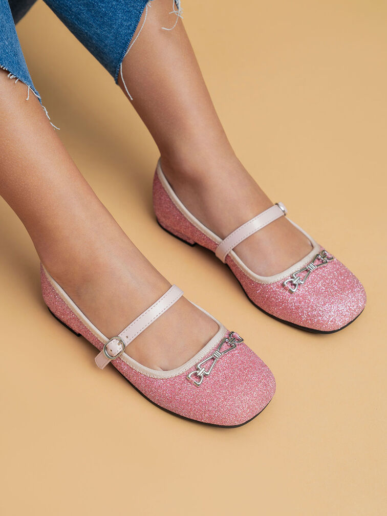 Girls' Metallic Accent Glittered Mary Janes, Pink, hi-res