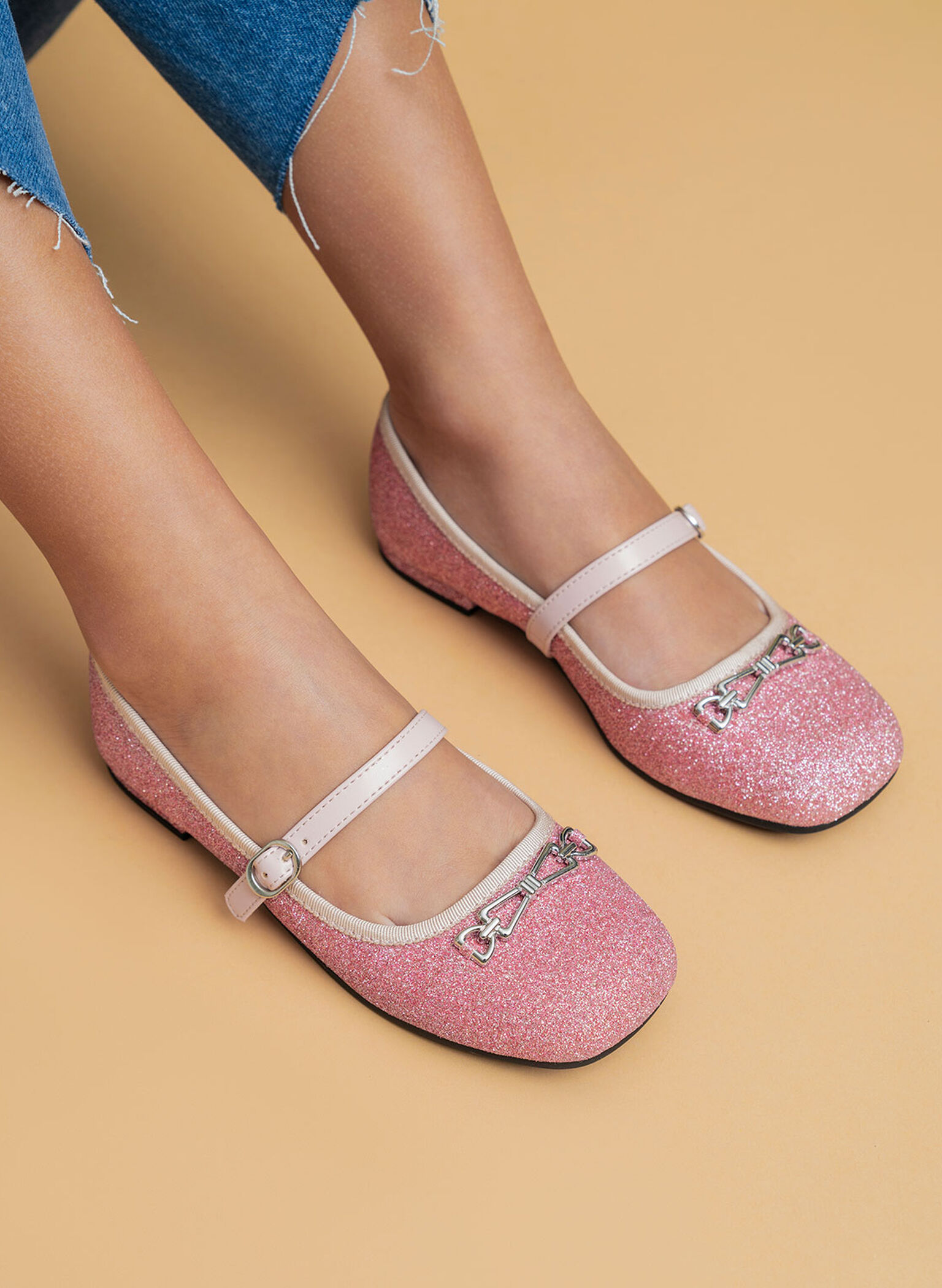 Pink Girls' Metallic Accent Glittered Mary Janes CHARLES & KEITH AU