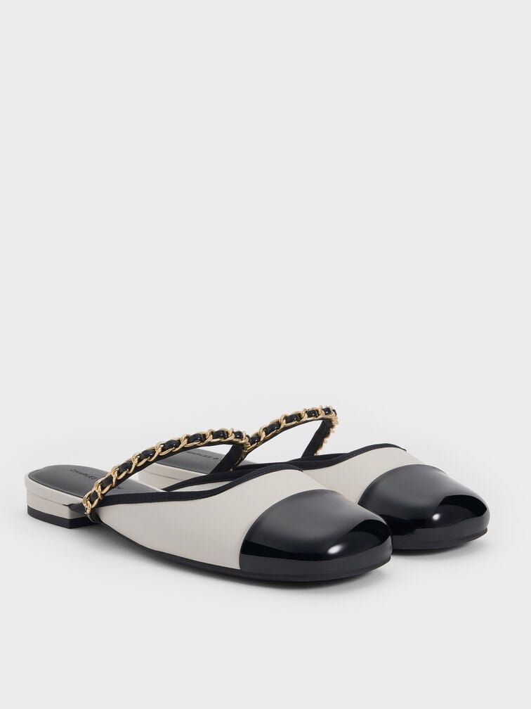 Patent Two-Tone Chain-Strap Mules, White, hi-res