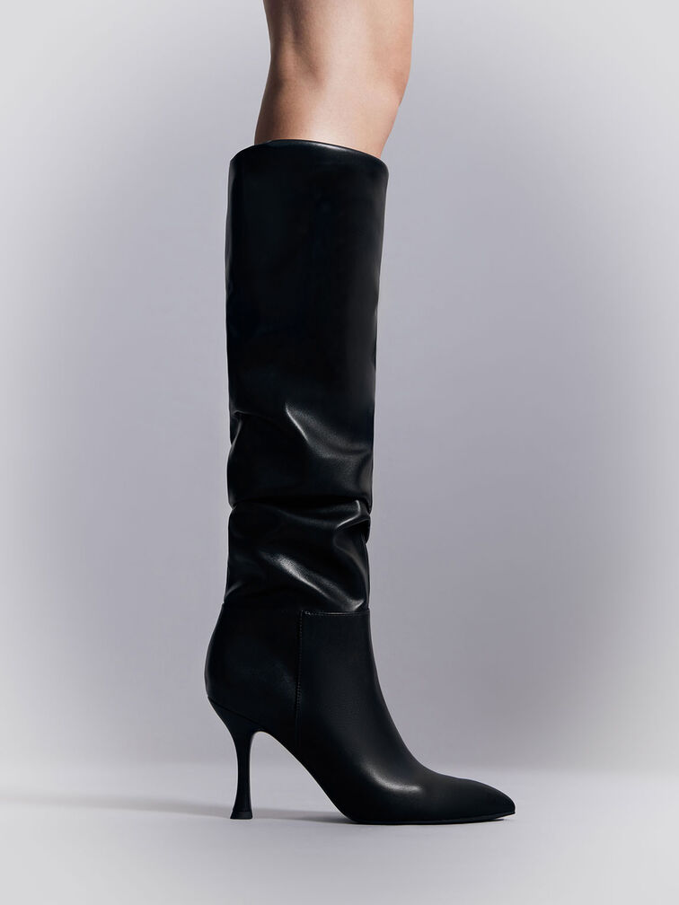 Black Aster Ruched Knee-High Boots - CHARLES & KEITH US