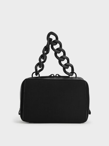 Linen Chain Link Boxy Bag, Black, hi-res