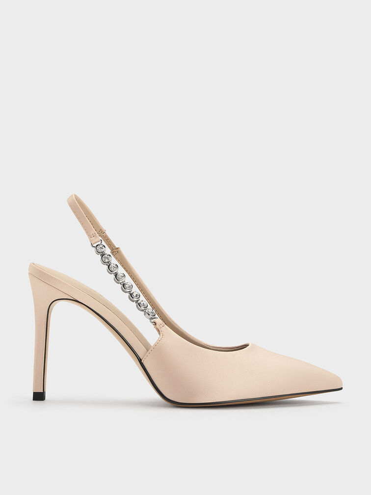 Beige Recycled Polyester Gem-Strap Slingback Pumps - CHARLES & KEITH US