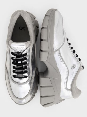 Yunna Metallic Leather & Recycled Fabric Chunky Sneakers, Silver, hi-res