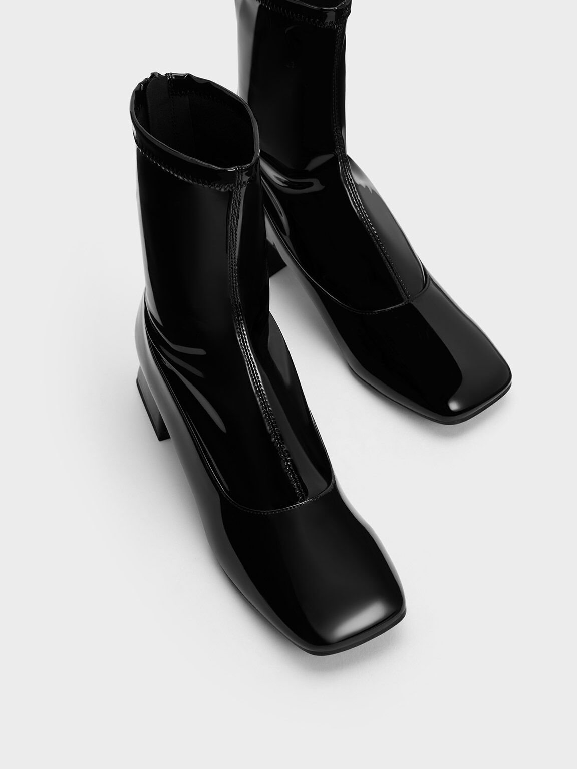 Black Patent Patent Trapeze Block Heel Ankle Boots CHARLES KEITH CA
