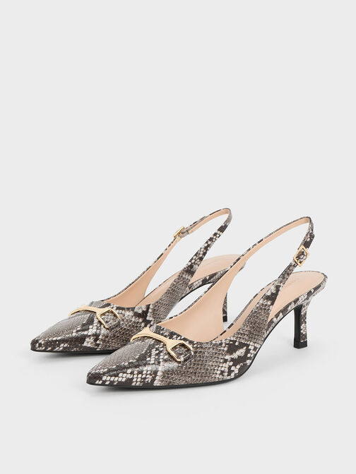 Snake-Print Metallic-Accent Slingback Pumps, Animal Print Natural, hi-res