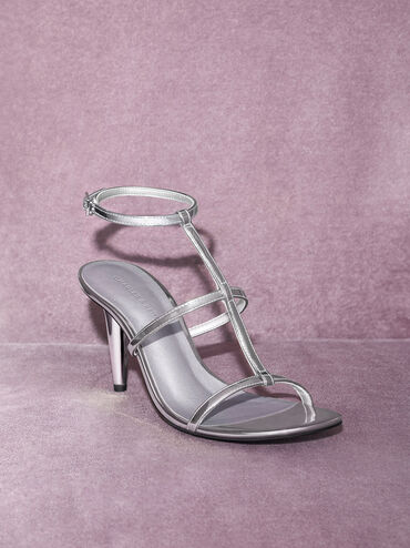 Metallic T-Bar Ankle-Strap Sandals, Silver, hi-res