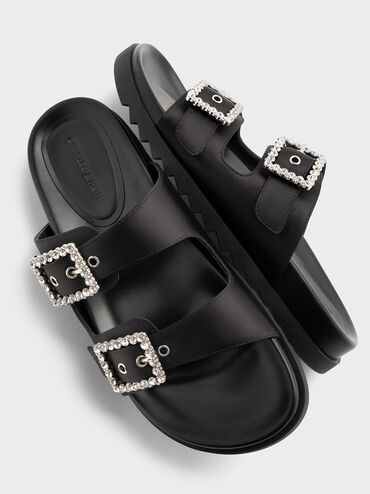 Recycled Polyester Gem-Buckle Double-Strap Sandals, Black Textured, hi-res
