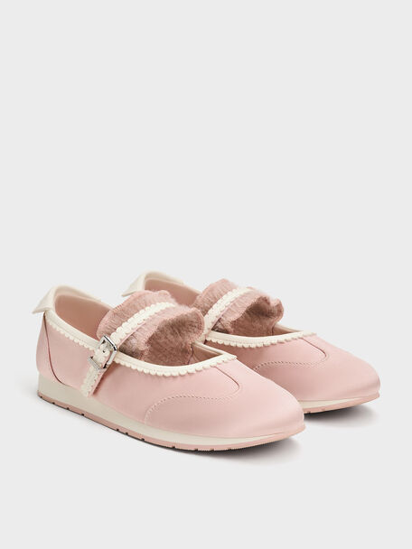Girls' Satin Scallop-Trim Mary Jane Sneakers, Pink, hi-res