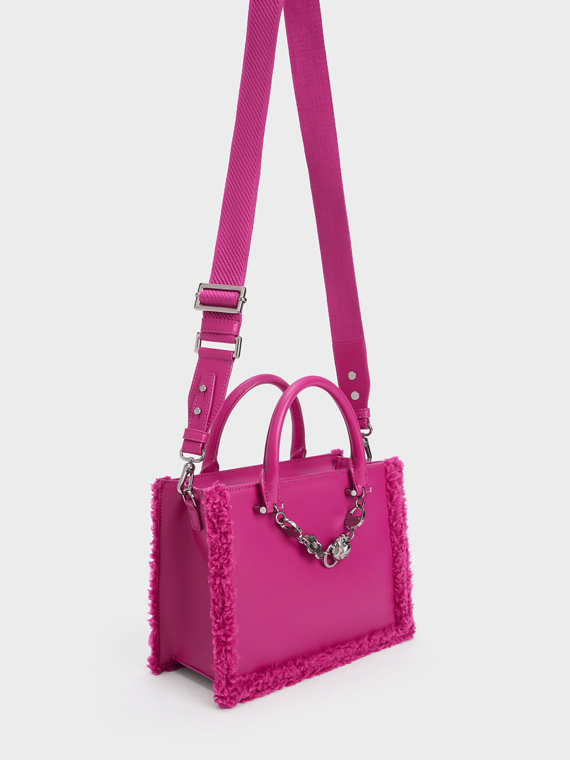 Lotso Fur-Trim Tote Bag, Fuchsia, hi-res