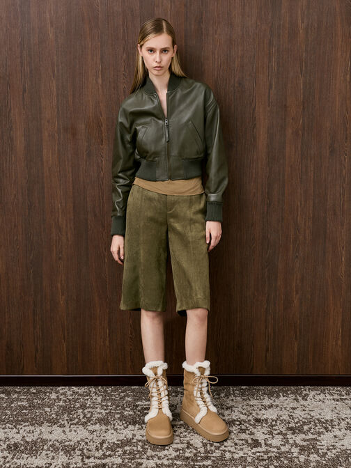 Faux Suede & Faux Fur Foldover Flatform Boots, Sand, hi-res