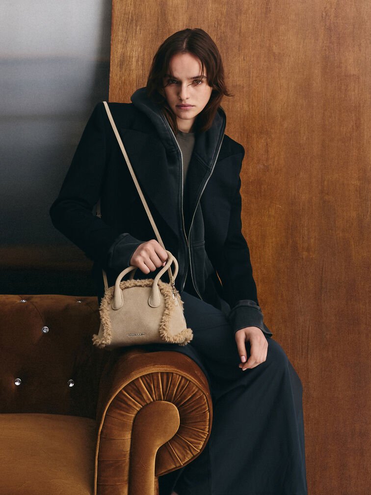 Nelly Recycled Suede & Faux Shearling Bowling Bag, Nutmeg Beige, hi-res