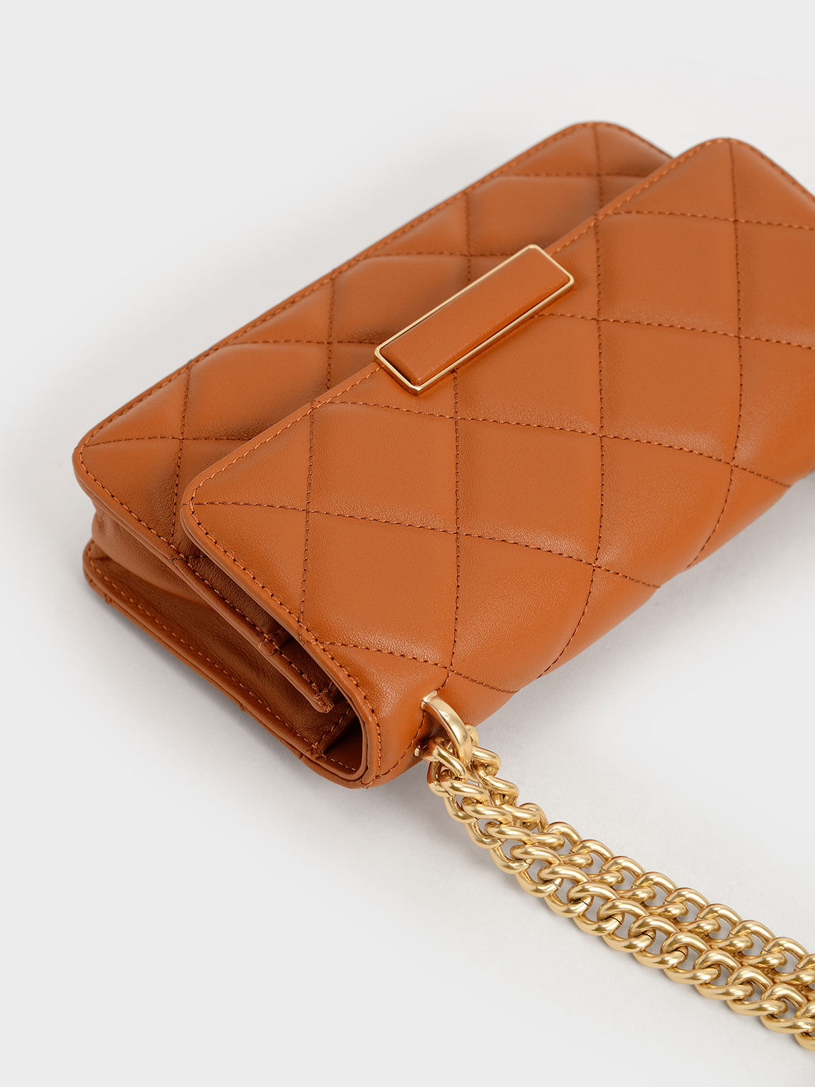 Quilted Leather Chain-Handle Bag, Cognac, hi-res