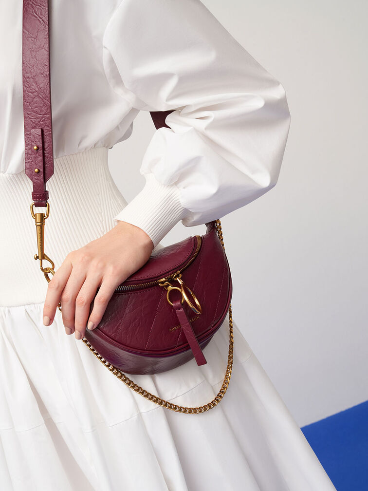 Burgundy Philomena Wrinkled-Effect Half-Moon Crossbody Bag - CHARLES ...