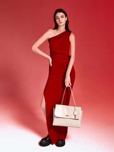 Bolso tipo satchel Kerry con asa superior, Crema, hi-res
