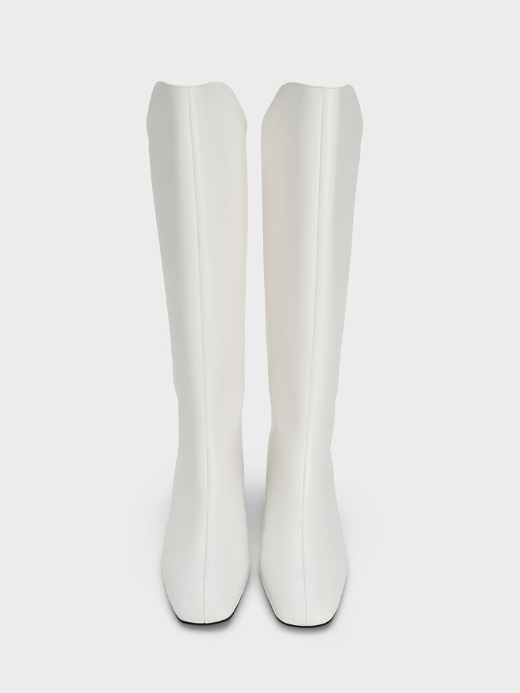Elongated Square-Toe Knee-High Boots, White, hi-res