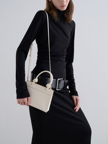 Bolso tote trapezoidal Sabine con asa anudada, Crema, hi-res