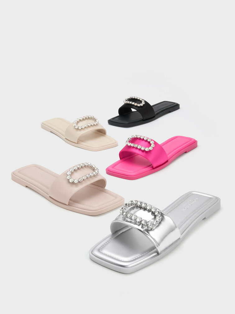 Gem-Embellished Recycled Polyester Slides, Pink, hi-res