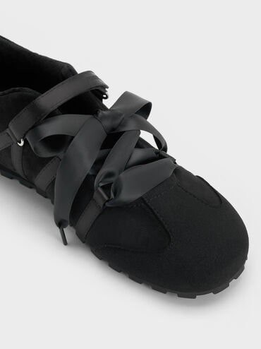 Silko Faux Suede Satin-Lace Ballet Sneakers, Black Textured, hi-res