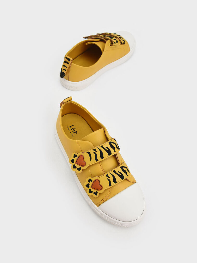 Girls' Tiger Stripes Velcro Sneakers, Yellow, hi-res