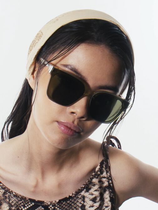 Freya Square Thick-Frame Sunglasses, Beige, hi-res