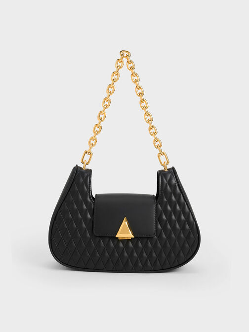 Quinlynn Curved Shoulder Bag, Black, hi-res