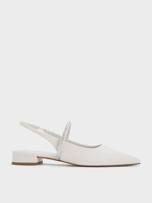 Crystal-Strap Pointed-Toe Slingback Flats, White, hi-res