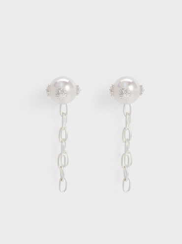 Flower-Embellished Pearl Drop Earrings, Silver, hi-res