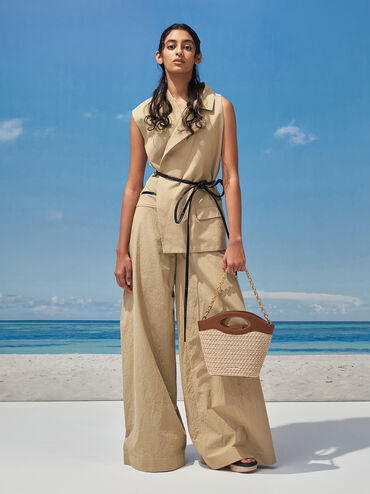 Raffia Chain-Link Curved-Handle Bucket Bag, Multi, hi-res