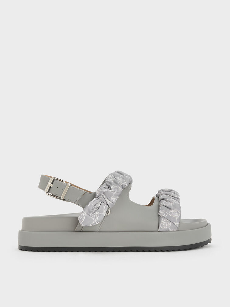 Tully Leather Ruched-Strap Sandals, Grey, hi-res