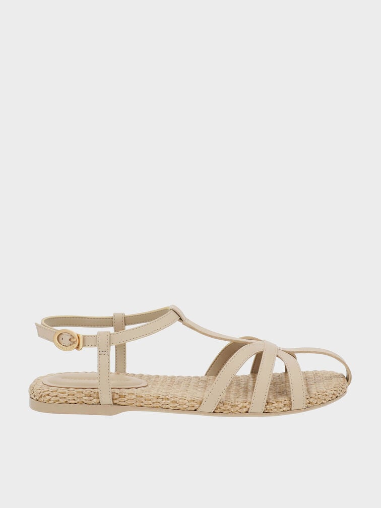 Strappy Raffia T-Bar Ankle-Strap Sandals, Gris pardo, hi-res