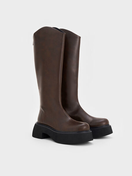 Cowboy Platform Knee-High Boots, Dark Brown, hi-res