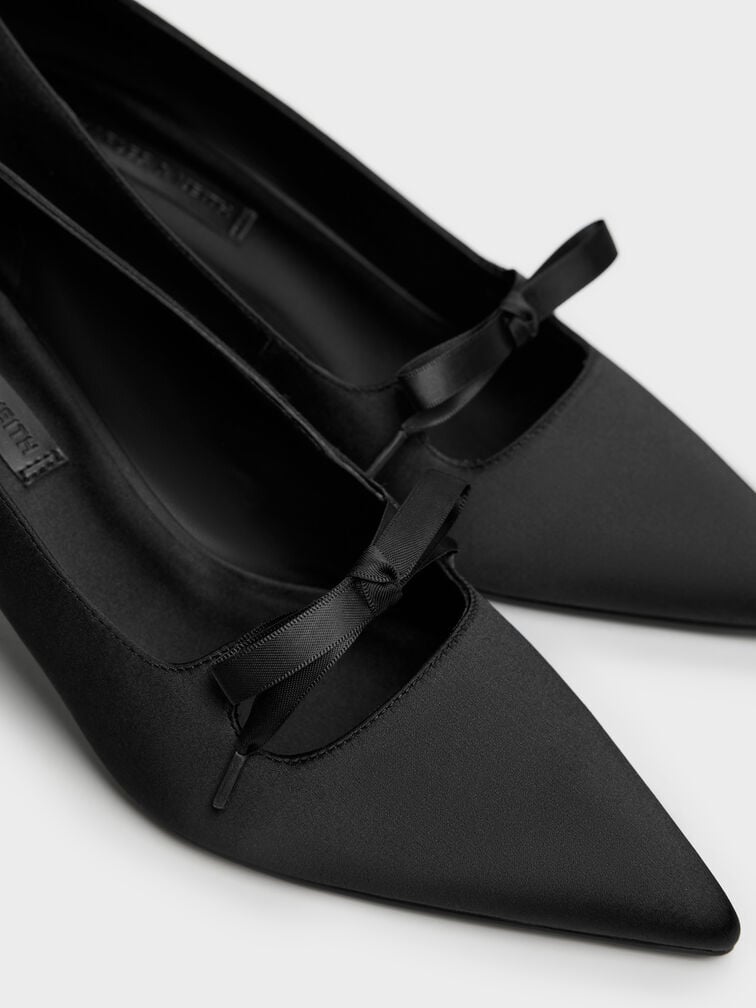 Venetia Satin Bow Pointed Pumps, Black Textured, hi-res