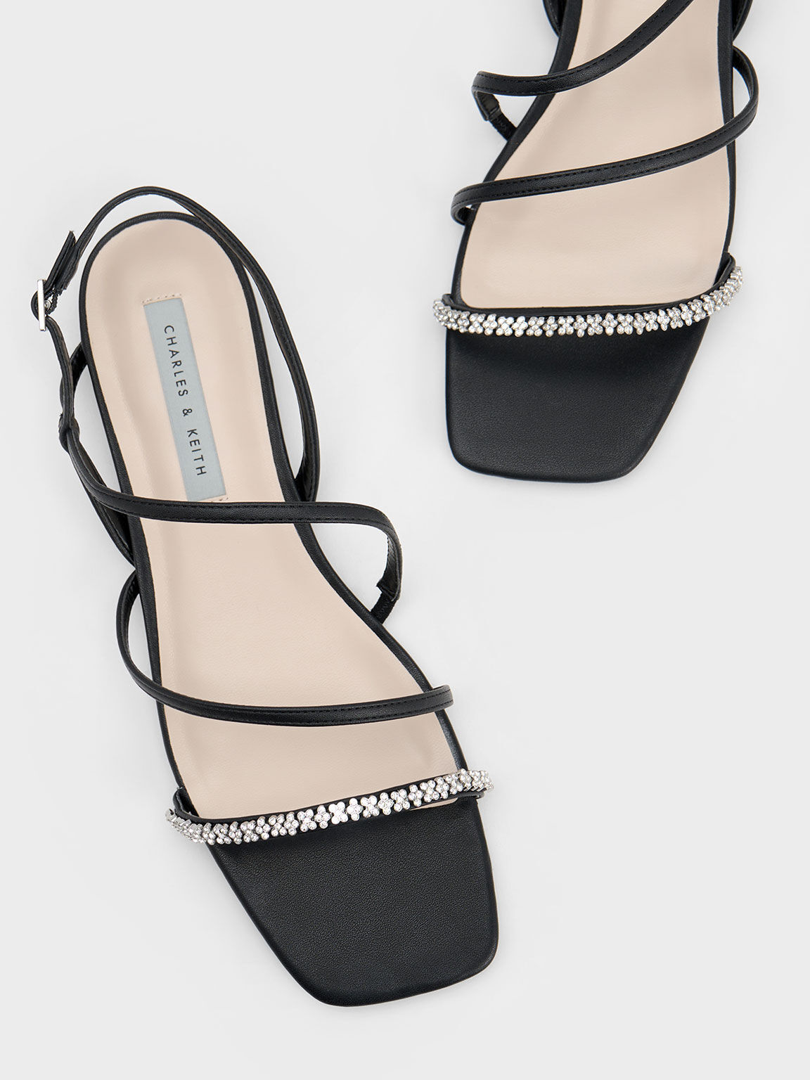 Gem-Encrusted Strappy Slingback Sandals, Black, hi-res