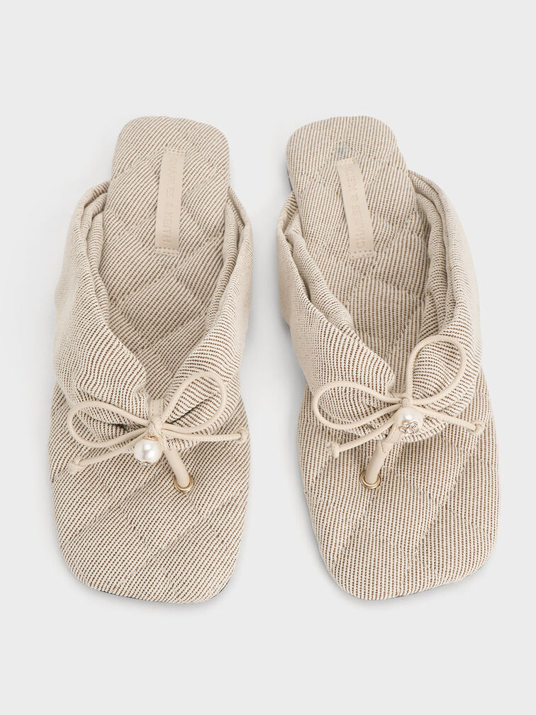 Twill Pearl-Accent Square-Toe Sandals, Beige, hi-res