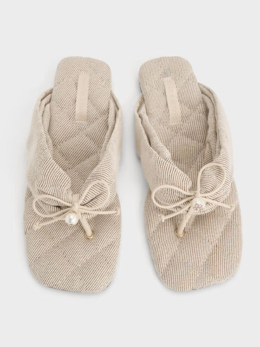 Twill Pearl-Accent Square-Toe Sandals, Beige, hi-res