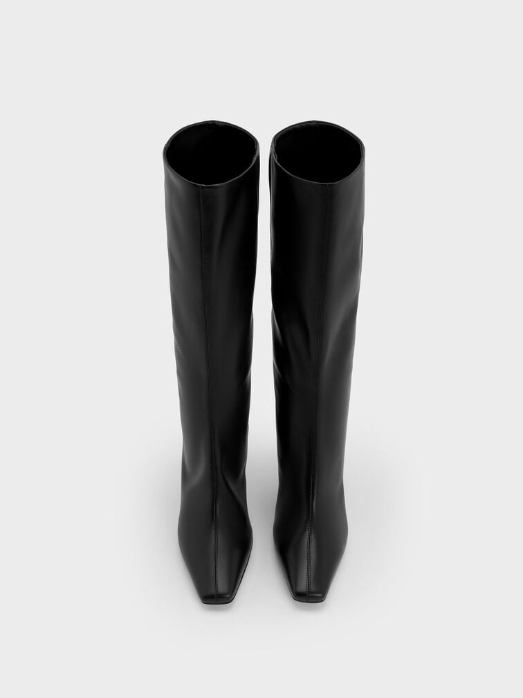 Georgina Leather Tapered Square-Toe Blade-Heel Knee-High Boots, Black, hi-res