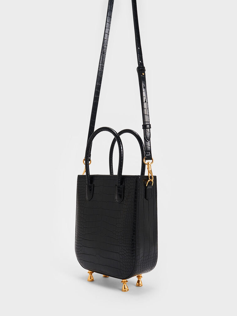 Meriah Croc-Embossed Top Handle Bag - Black