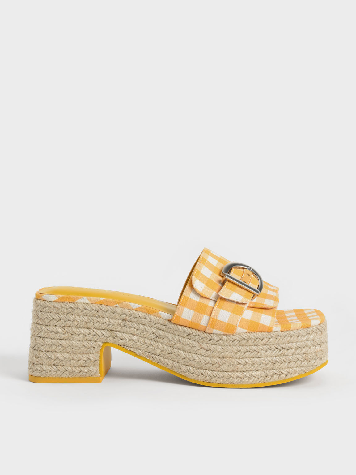 Buckled Linen Gingham Print Platform Espadrilles Yellow