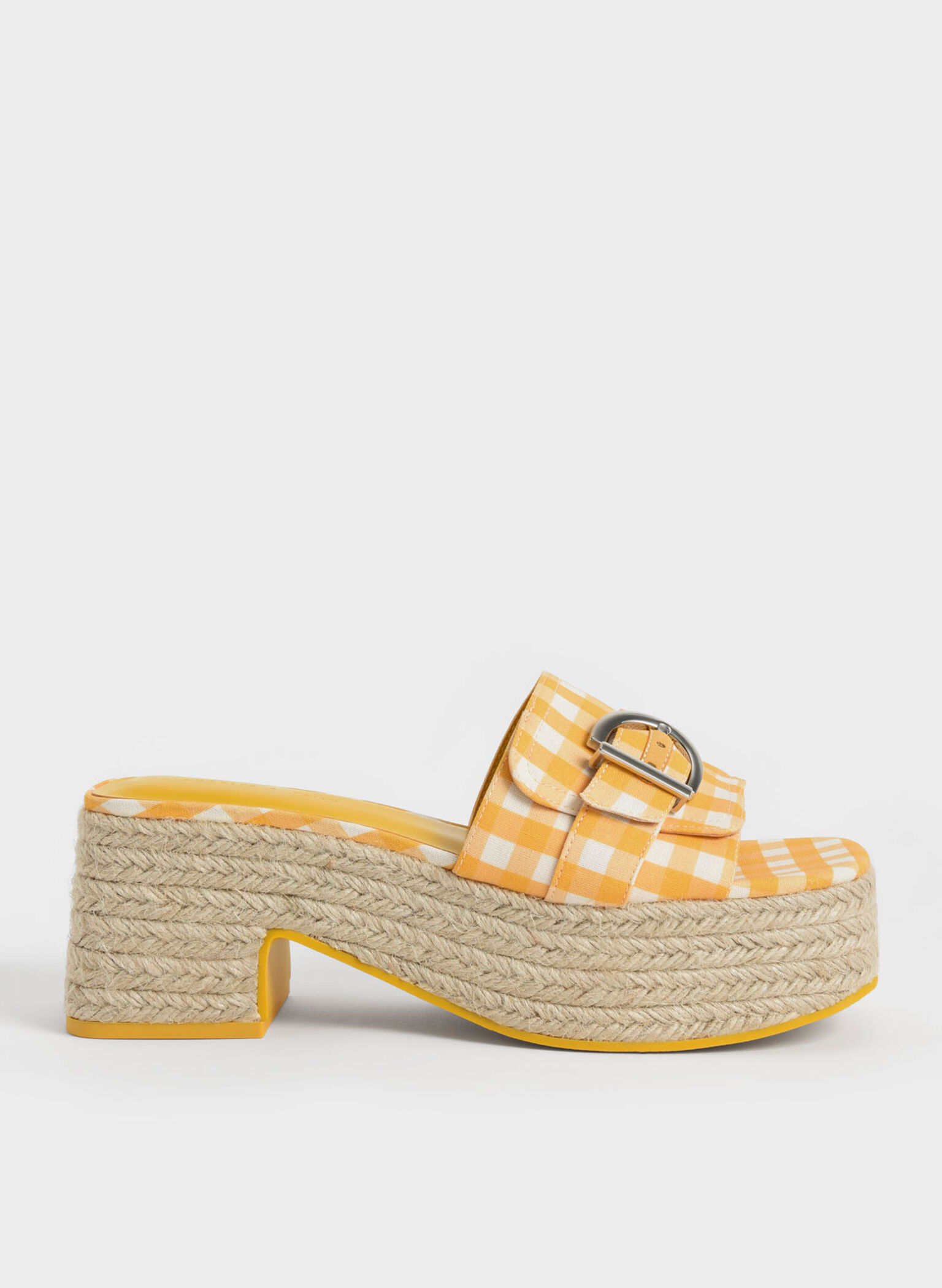 Buckled Linen Gingham-Print Platform Espadrilles, Yellow, hi-res