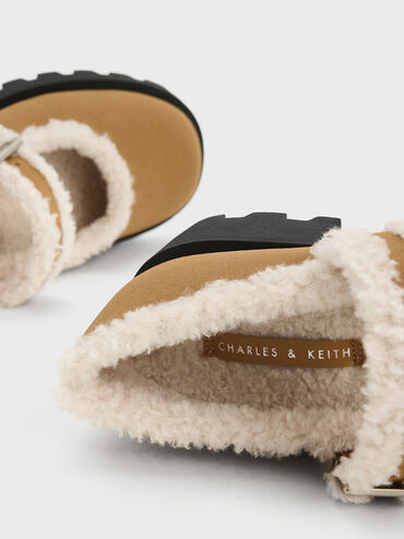 Textured Fur-Trim Buckled Mary Janes, Khaki, hi-res