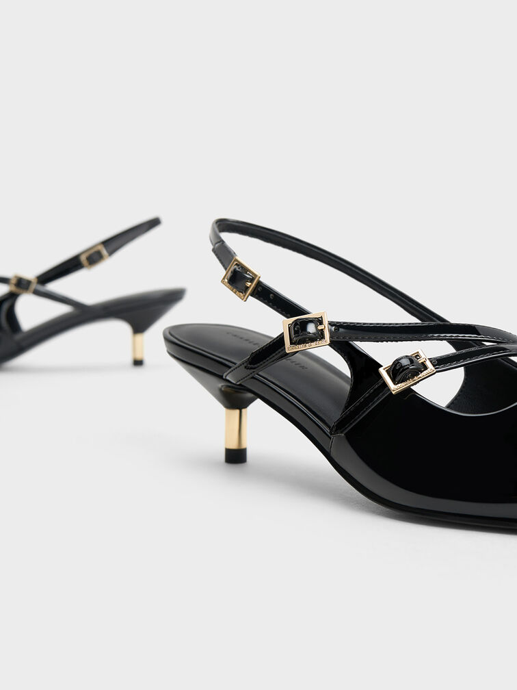 Zapatos destalonados de charol con tacón bajo y hebilla, Charol negro, hi-res
