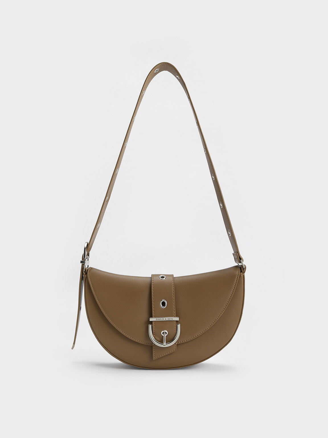 Buckled Strap Crescent Bag, Olive, hi-res