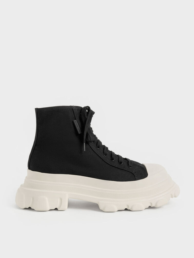 Canvas Chunky High-Top Sneakers, Black Textured, hi-res