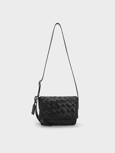 Bolso entrelazado tipo bandolera con solapa delante Ivette, Noir, hi-res