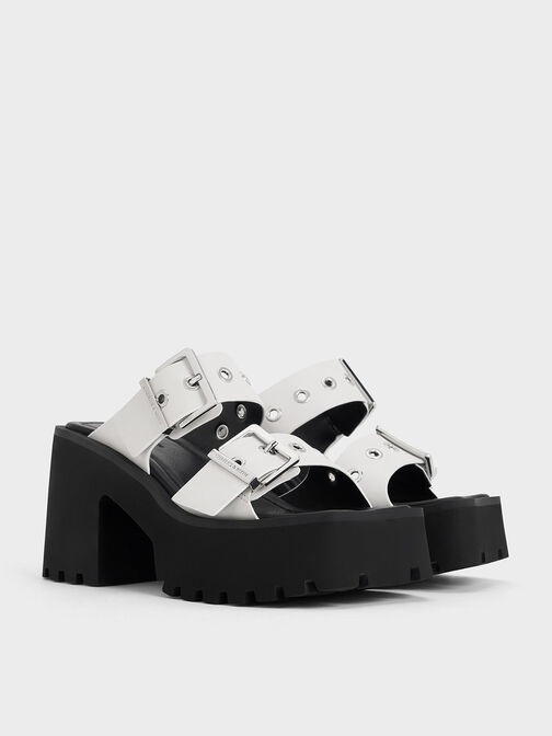 Trill Grommet Double-Strap Platform Mules, White, hi-res