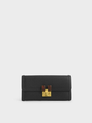 Stone-Embellished Mini Long Wallet, Black, hi-res